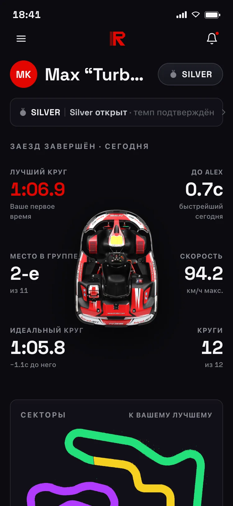 Свой экран гонщика после заезда — лучший круг 1:06.9, 2-е место из 11, максимальная скорость, идеальный круг и все 12 кругов